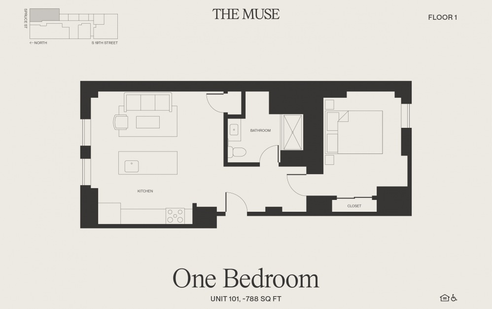 One Bedroom - Unit 101 - 1 bedroom floorplan layout with 1 bath and 788 square feet.