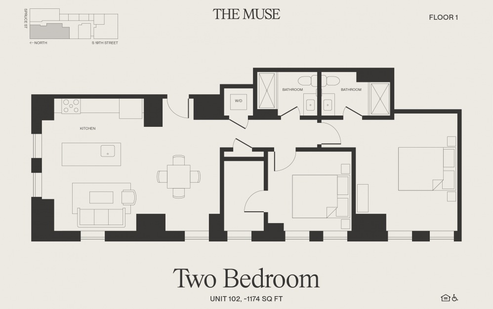 Two Bedroom - Unit 102 - 2 bedroom floorplan layout with 2 bathrooms and 1174 square feet