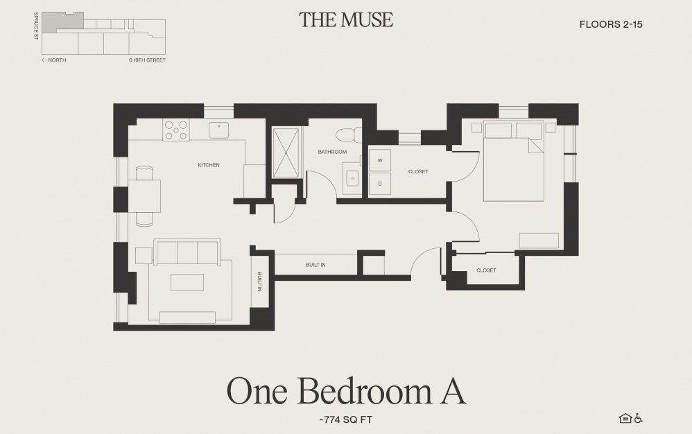 One Bedroom A - 1 bedroom floorplan layout with 1 bathroom and 774 square feet