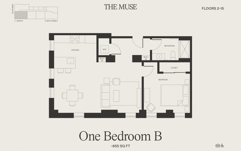 One Bedroom B - 1 bedroom floorplan layout with 1 bath and 855 square feet.