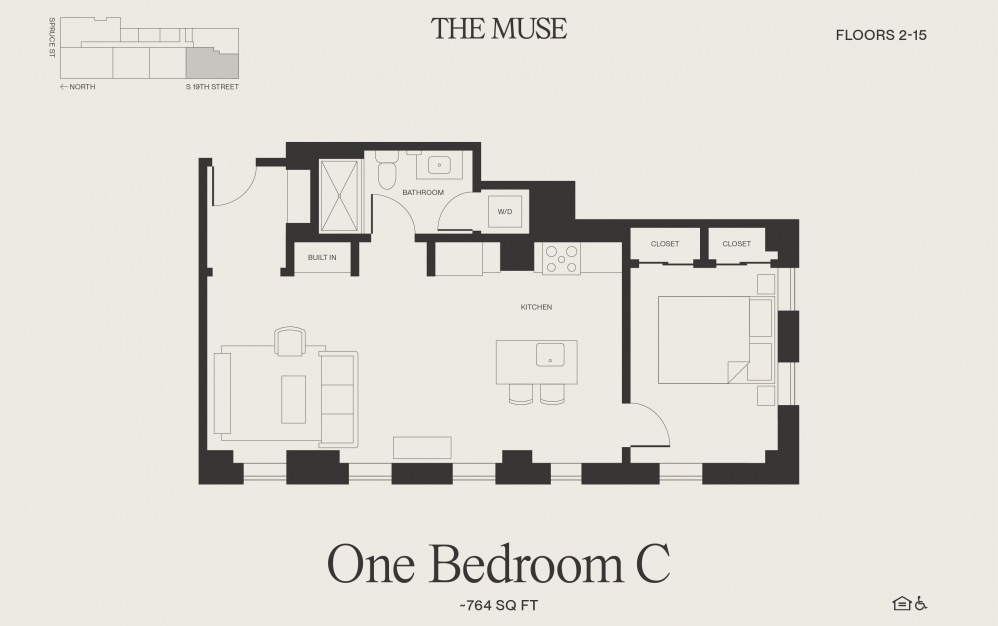 One Bedroom C - 1 bedroom floorplan layout with 1 bathroom and 764 square feet