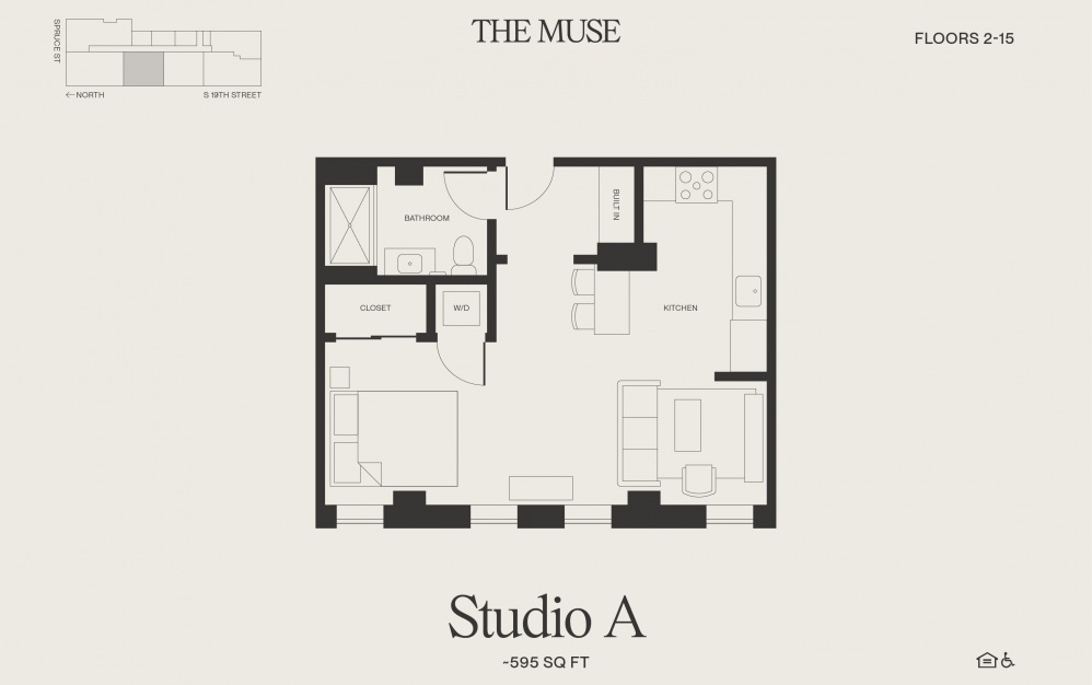 Studio A - Studio floorplan layout with 1 bathroom and 595 square feet