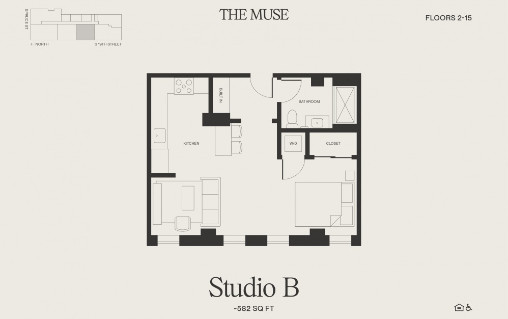 Studio B - Studio floorplan layout with 1 bath and 582 square feet.