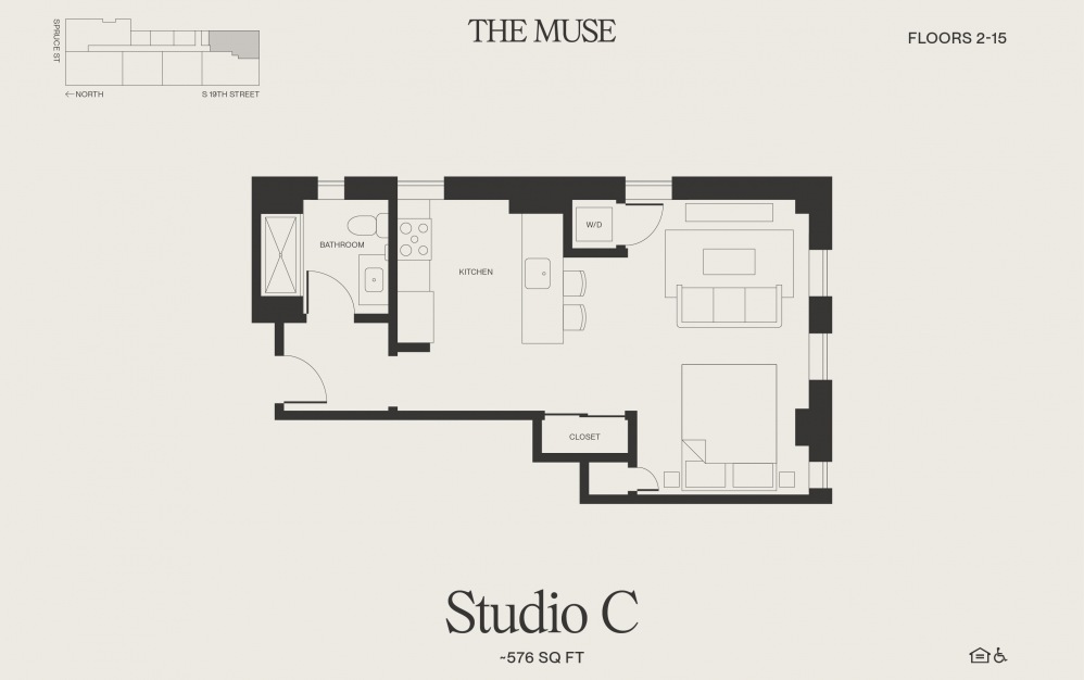 Studio C - Studio floorplan layout with 1 bath and 576 square feet.